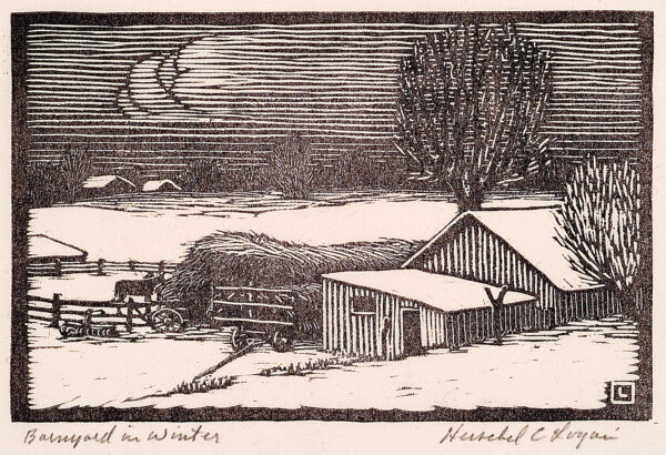 Depicts a farm scene with an old barn or outbuilding in the lower right and a horse corral in the lower left. A hay wagon is parked next to the building; the roofs of two houses can be seen in the far distance.