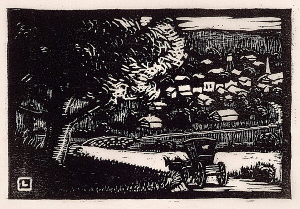 Depicts a horse-drawn buggy on a road leading toward a small town or village; a very large tree is shown on the left.