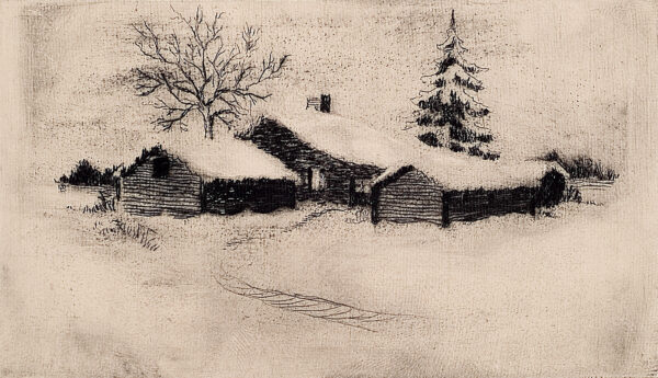 Depicts a ranch-style farmhouse in the center and two large trees in the distance, all covered in a blanket of snow.