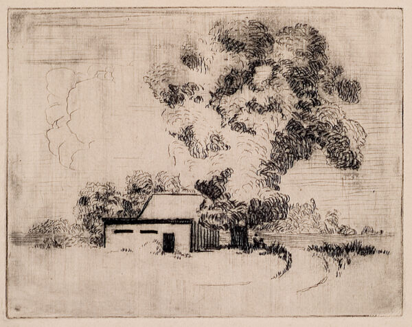Depicts a small outbuilding in the center with a very large tree in the center right; part of a dirt road is shown leading to the building.