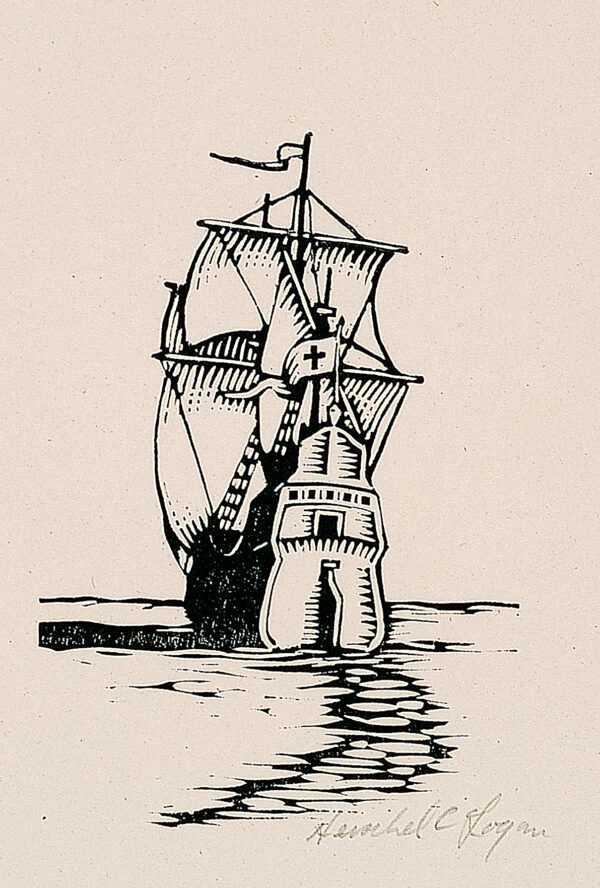 Depicts a large sailing vessel at sea; a flag with a cross is mounted on the front of the ship.