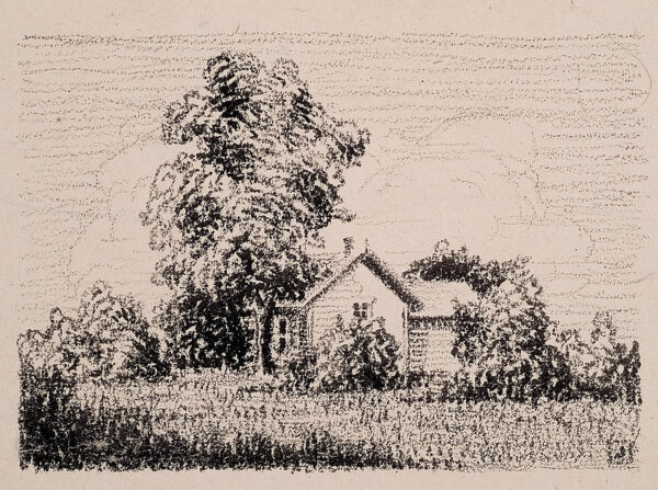 Depicts an old, small house surrounded by bushes and trees. Logan's monogram is print in the plate (backward) in the lower right.