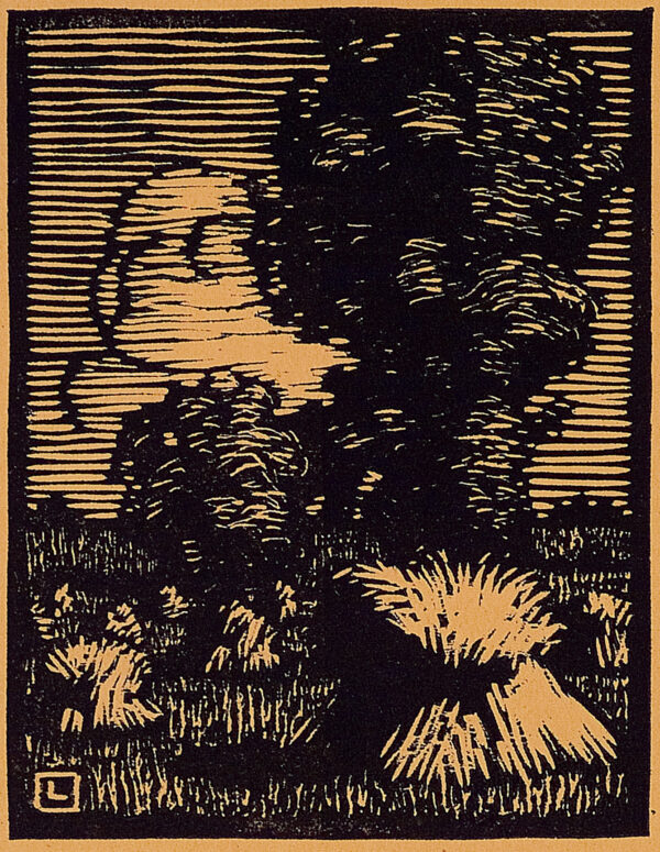 Depicts wheat shocks in a field; a large tree is in the center. The sky is depicted as a series of horizontal lines.