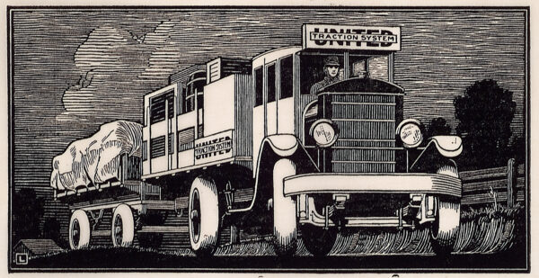 Depicts a large flatbed cargo truck; two signs (one over the cab and one on the side of the bed) say 