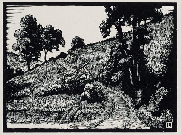 Depicts a dirt road winding around a grassy hill; a large tree is in the center right, small bushes are in the center, and other trees are shown in the distance.