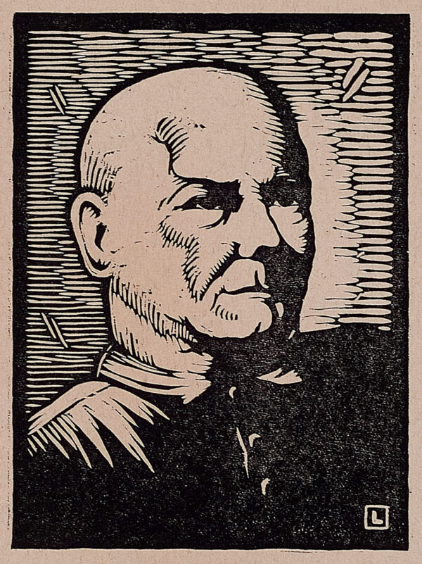 Depicts a bust-length view of a man with a bald or shaved head.
