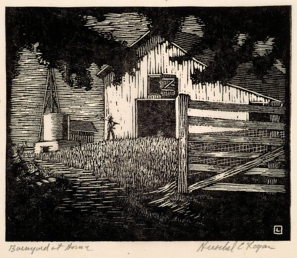 Depicts an old wood barn with a rail fence in the right foreground and a windmill in the left distance. A man is depicted walking toward the barn door.