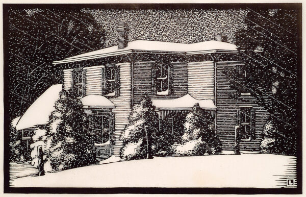 Depicts a two-story clapboard house with a rail fence around the yard; three pine trees are next to the house and part of a large tree can be seen in the center right. Another tree is shown in the far distance and all are blanketed with snow.