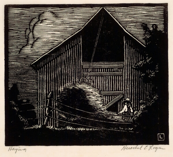 Depicts a man unloading a large bale of hay from the hayloft of a barn with a rail fence in the foreground.