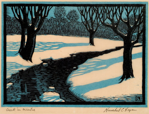 Depicts a small creek winding through snow-covered ground with three trees.