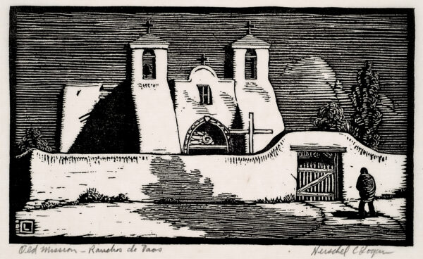 Depicts an old Mexican church; a wall encircles the church and a man is depicted walking toward a wood gate in the wall.