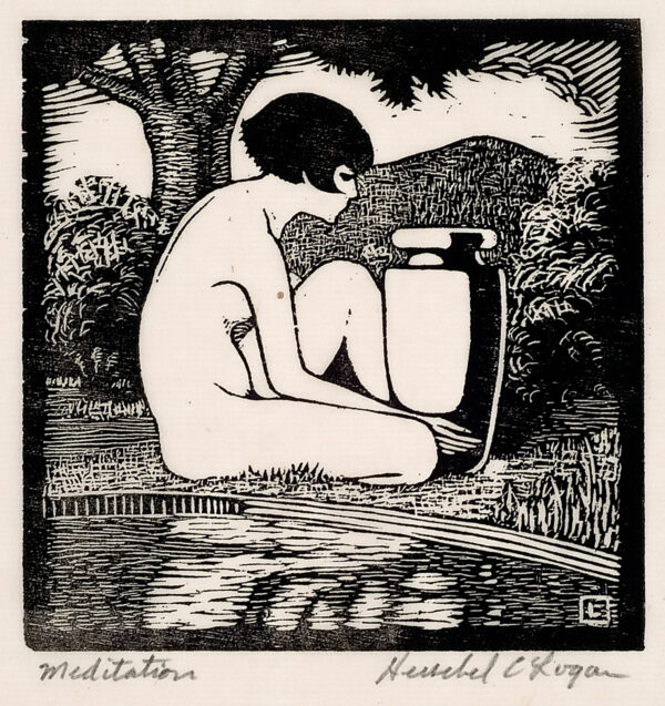 The print, done in the style of Maxfield Parrish, features a nude young female seated beside a large urn before a pool of water.