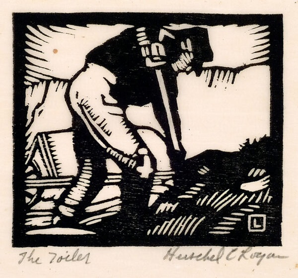 Depicts a man bent over as he toils; part of a wood wheelbarrow is shown behind him.
