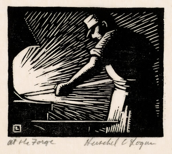 Depicts a man holding a long metal pole in a furnace; part of the anvil is visible in the foreground.