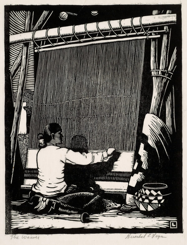 Depicts an Indian woman seated before a large weaving loom working on a rug with her back to the viewer.