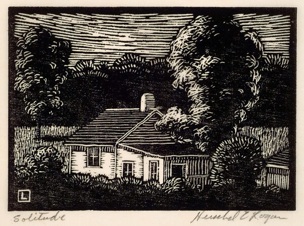 Depicts an old farmhouse surrounded by trees in the foreground and far distance; a field is immediately behind the house.