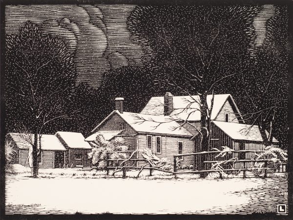 Depicts a snow-covered rural farmhouse and outbuildings; a broken rail fence is in the foreground.