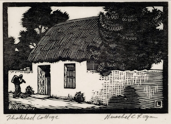 Depicts a cottage with a thatched roof; a man carrying a basket on his back is walking toward the door.