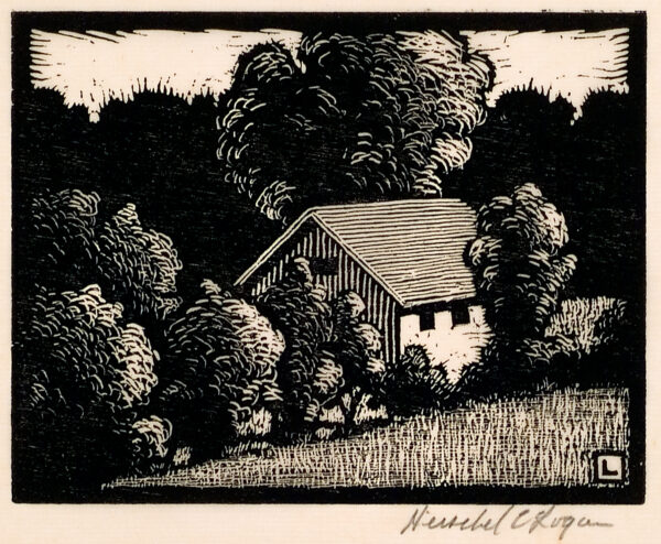 Depicts a wood building (probably an outbuilding or a barn) with trees in the foreground and a single large tree in the distance.