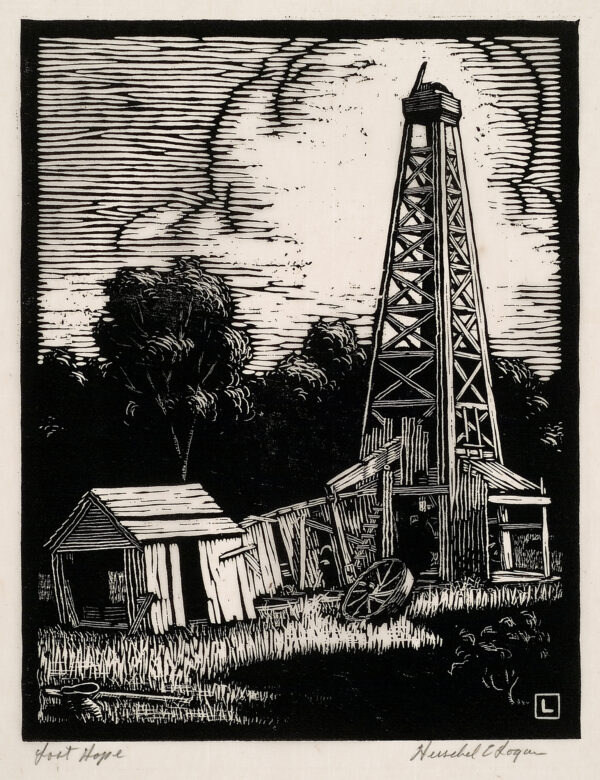 Depicts an old wood oil derrick and pump shack, apparently abandoned and deteriorating.