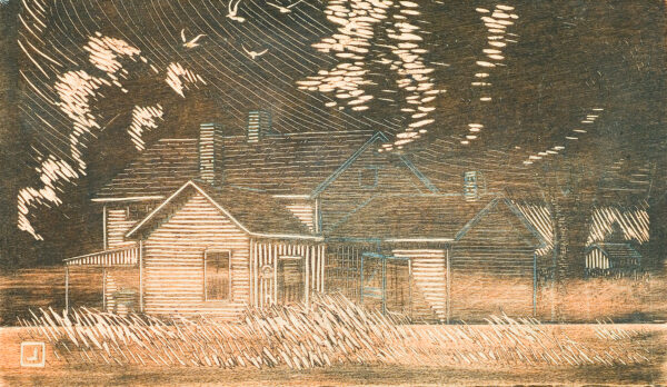 Carved with the image of a farmhouse with prairie grass in the foreground.