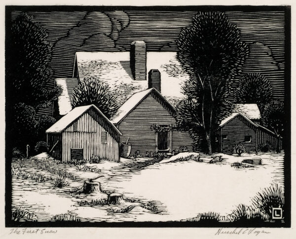 Depicts an old farmhouse, outbuilding, the surrounding yard which are dusted with snow; a tree is to the right of the house and an old tree stump with an ax stuck in it are shown in the foreground.