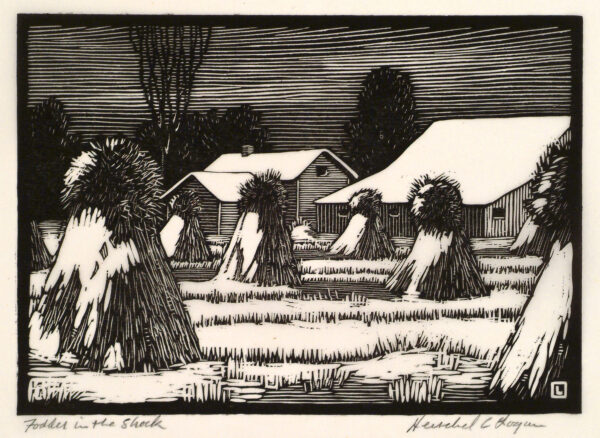 Depicts several corn shocks in a field in the foreground and a house and barn are shown in the middle distance, all of which are covered with snow.