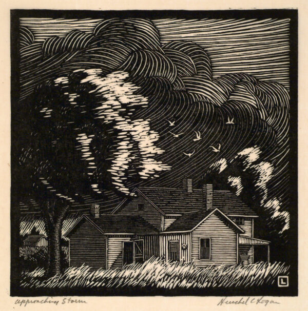 Depicts a clapboard house with tall grass in the front yard and a large tree to the left of the house; large, dark, swirling clouds loom overhead.