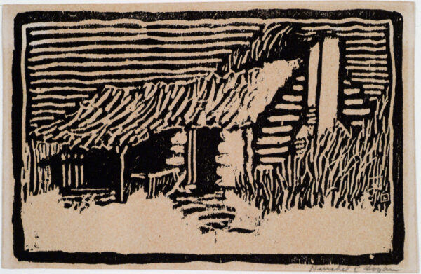 Depicts an old log cabin with snow on the ground and on the roof of the house in primitive-style (probably influenced by early German woodcuts); the skis consists of a series of horizontal lines..
