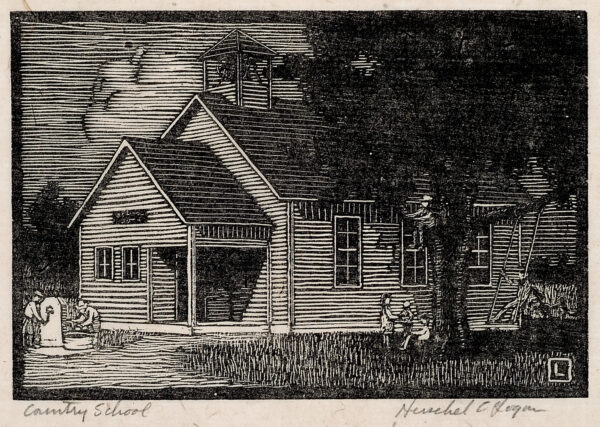 Depicts a simple early 1900s clapboard school building with a large tree in the foreground and several children on a playground beside the building. From