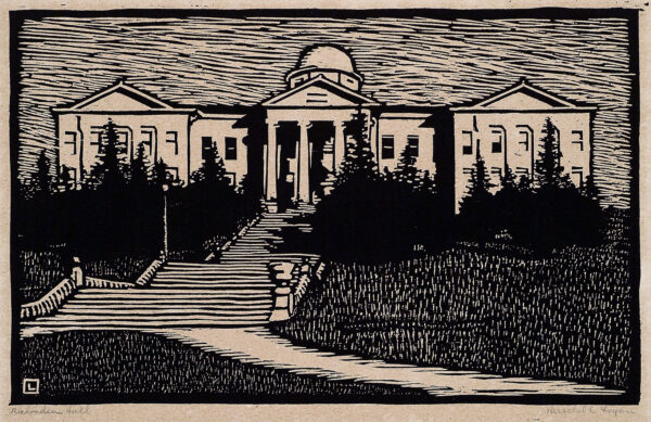 Depicts a large classical-style building with extended steps leading to the portico.