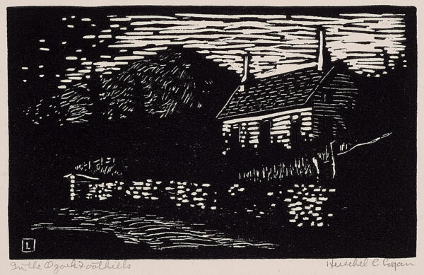 Depicts a pastoral setting of a small house with two chimneys (one on each end of the house); a rock fence runs along the dirt road in front of the house and a small mountain is in the far distance.