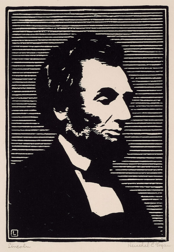 Depicts a profile bust-length portrait of Abraham Lincoln.