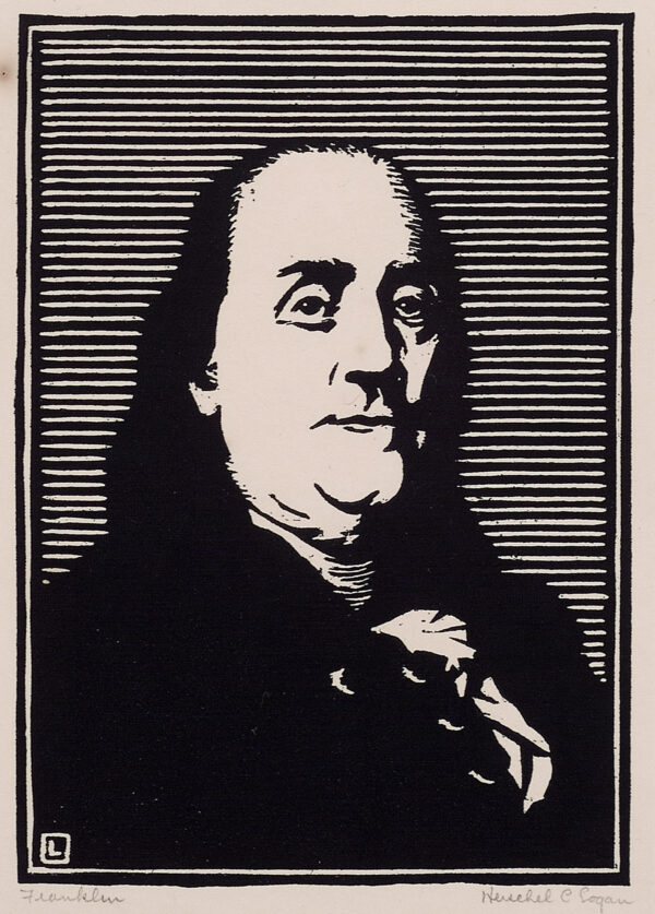 Depicts a bust-length portrait of Benjamin Franklin.