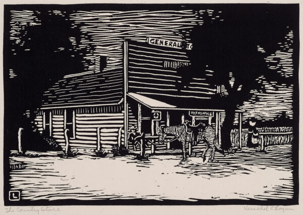 Depicts a late 19th century general store; a man is sitting on the porch in front of the store and a female figure is shown walking away from the store. A horse is also tied to a rail in front of the store.
