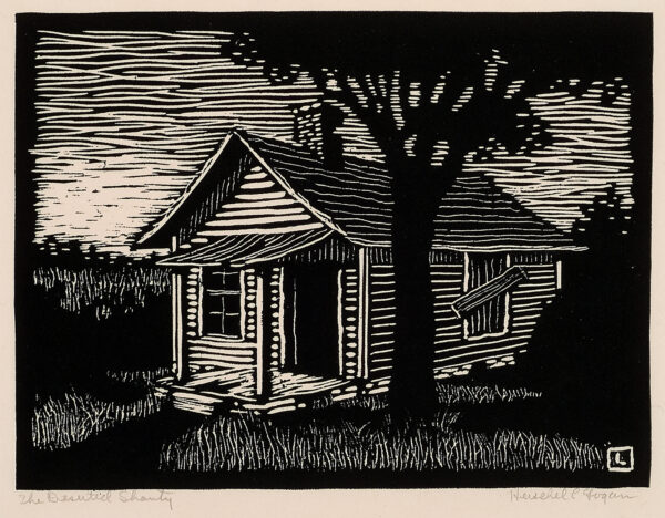 Depicts an old deserted shanty house with a door standing open, one window broken, one window boarded up, and a deteriorating porch.