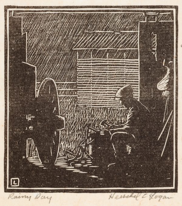 Depicts a male figure, perhaps a blacksmith, sitting in the open doorway to a barn working on his machinery. Part of an old farm wagon is shown in the center left and a barn is shown in the near distance.