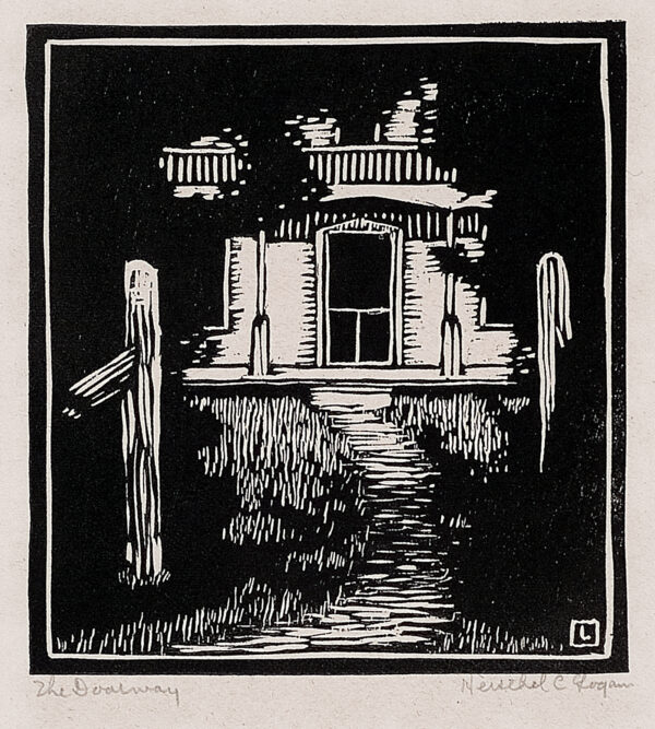 Depicts a view of the front door of an old house; rail fence posts are on each side of a dirt path which leads to the hou
