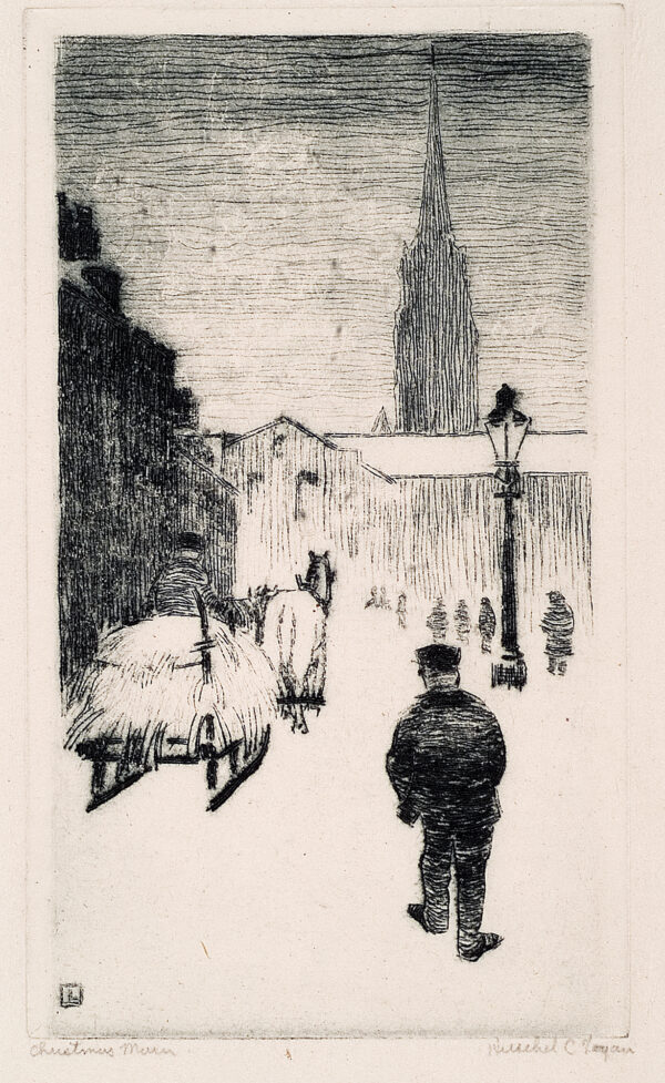 The etching, probably done for a Christmas card, depicts the outskirts of a European village with a horse pulling a sleigh piled with hay heading toward it. A man is walking toward the village in the lower right and people are walking in the distance .