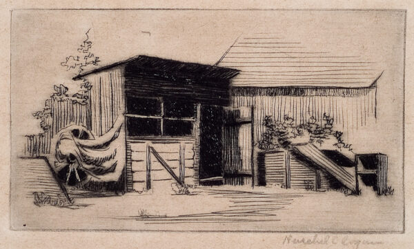 Depicts a farm outbuilding (probably a chicken house) with an open doorway; a wagon wheel is leaning against the building and wooden boxes are stacked in the yard in front of the building. A second outbuilding is shown in the center right distance.