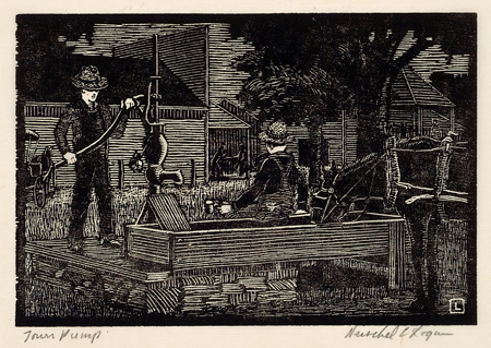 Depicts two men, one is pumping water from a pitcher pump and the other is sitting on the edge of a water trough.  A horse is drinking water from the water trough and a tree and buildings are shown in the distance.  From 