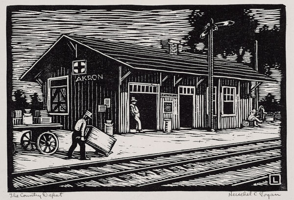 Depicts an Akron train depot; one man is shown standing in a doorway and another man is unloading a baggage cart.