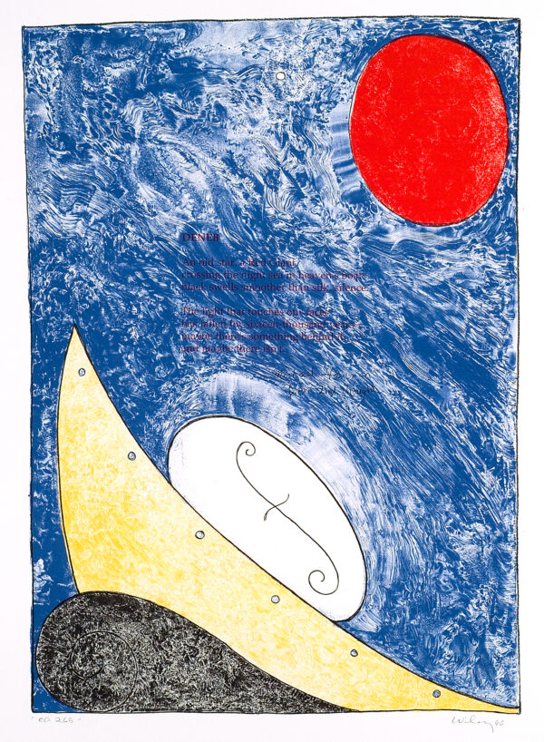 A red circle in the upper right floats on a blue with white background. In the lower left is a white oval
