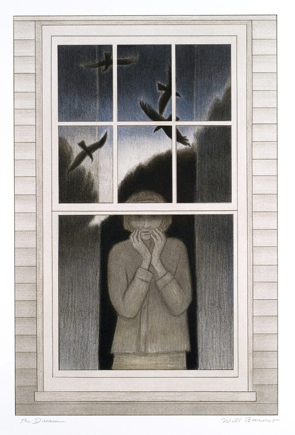 A woman (Barnet's sister, Eva) looks out of her window with her hands to her face. She is gazing at flying birds which we see reflected in the window. In 1990, Barnet began a series of works featuring his sister, Eva. 11 years older than Barnet, Eva was the artist’s last surviving sibling. She lived alone in Barnet’s childhood home in Beverly, Massachusetts, following the death of another sister, Jeannette. On one visit, Barnet encountered Eva wandering the old house’s hallways and hallucinating the presence of dead family members. For Barnet, the incident was troubling but also strangely revealing. As one critic noted, aren’t all humans haunted by “the bitterness of loss, the starkness of a past that can never be recovered?” In The Dream—a print based on a 1990 painting of the same name—Eva stands at a window in the family home. The window sash bisects her thin, ghostly face. Crows circling in the sky are reflected in the glass. The image is deeply unsettling but perhaps also hopeful. For Barnet, crows are not symbols of death or danger. Instead, they represent creativity and freedom. Who and what does Eva see?