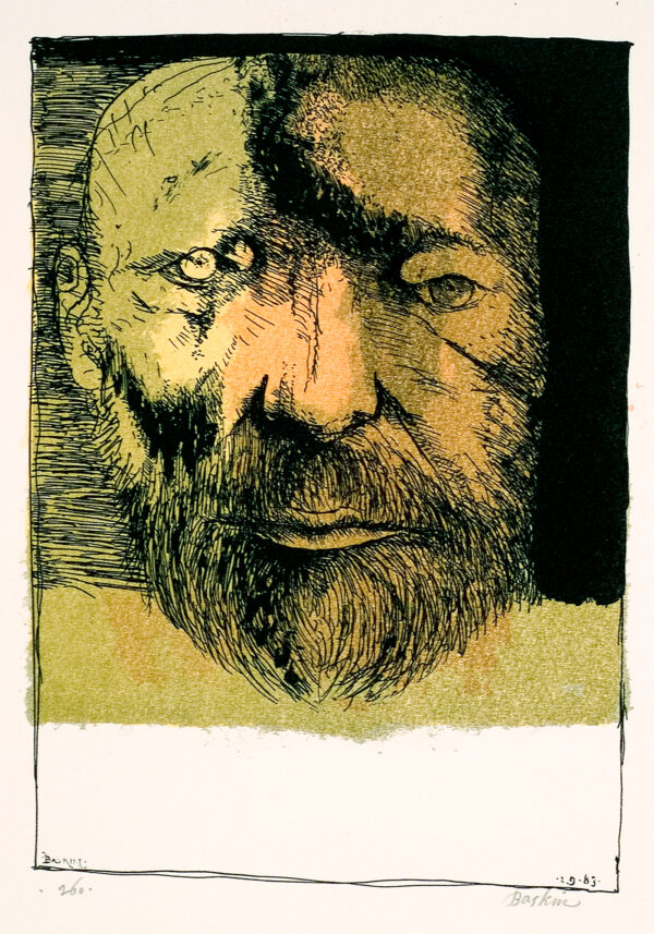 Portrait of the artist; frontal view of a bearded male.