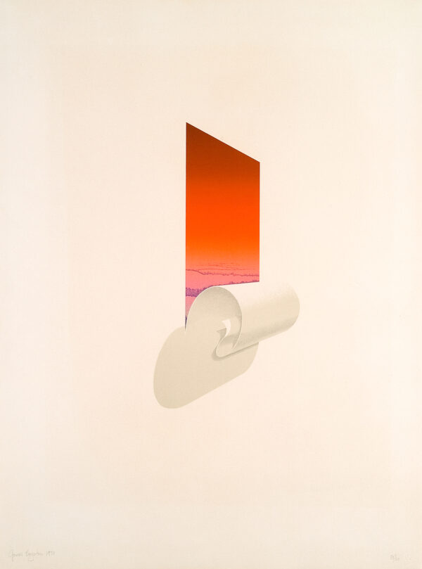 A graduated orange shape above a curved white shape on white background.