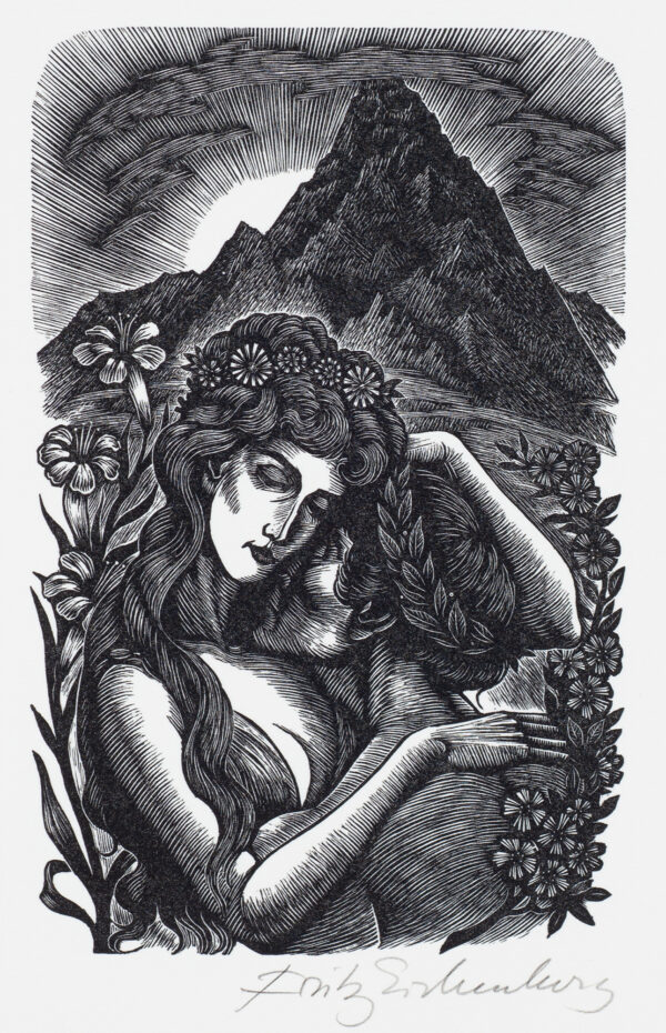 Woman holding a male figure with a mountain in the distance.