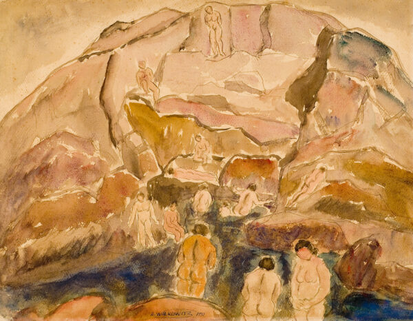 The watercolor is mostly tans with some pale greens and blues. It is of numerous swimmers on rocky land around a pool of water.
