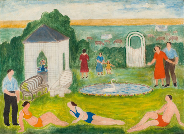 The center of the painting shows a swan floating on a pond. To the left is a gazebo with rattan bench and 8 figures standing or reclining. In the background is a gate to distance fields with trees, cows and a building.