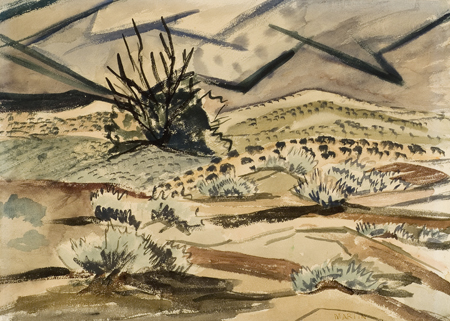 Recto (a):  A desert scene in browns, pale greens, and dark blue. Abstract mountains are in the background; scrub brush in the middle and foreground and one tree at the center left.  
Verso (b):  A scene of rooftops.  There is a red-roofed church in the center with brown and green roofs surrounding the church.